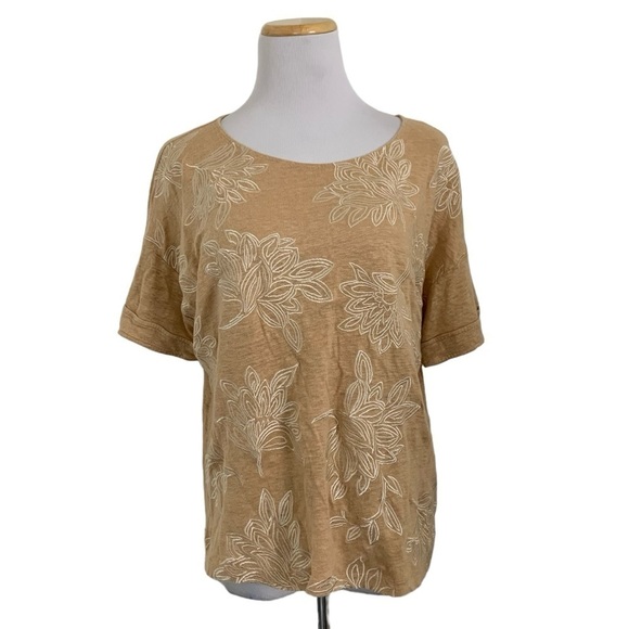 Chicos Womens 100% Linen Embroidered Short Sleeve Top Tan Neutral Lagenlook - Picture 1 of 16